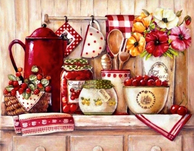 Goblen cu diamante rotunde - In bucatarie - 50x40 cm - cu sasiu