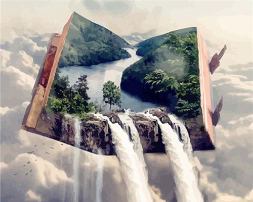 Goblen cu diamante patrate - Cascada si cartea - 40x50 cm - cu sasiu