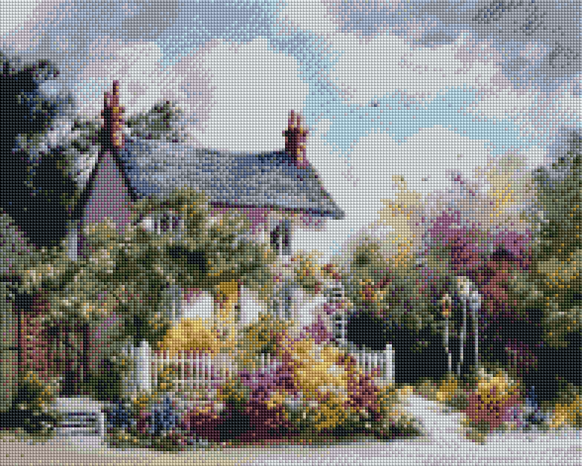 Goblen cu diamante patrate - Casa cu flori - 50x40 cm - cu sasiu